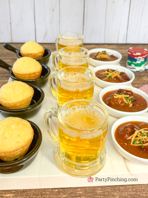 chili and cornbread appetizers, mini appetizers, mini beer mini cornbread muffins, mini chili, mini appetizer plates, chili charcuterie, snack board ideas, big game day food appetizer ideas easy, best poker game movie night food ideas, best game night food, grazing board ideas