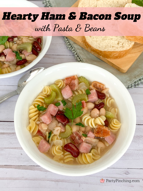 hearty ham and bacon soup with pasta and beans, best soup recipes, easy soup recipes, hearty soup meal recipes, best family dinner supper recipes, easy best 30 minute meal recipes, winter fall soup recipe