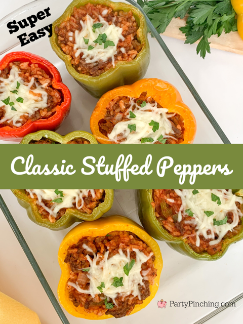 Super easy classic stuffed peppers, best stuffed peppers recipe, fall winter comfort food recipe for family, best kid family friendly recipe ideas, best weeknight recipes, potluck recipe ideas, sunday supper recipes, mom's home cooking recipe, old fashioned recipes, best retro recipes