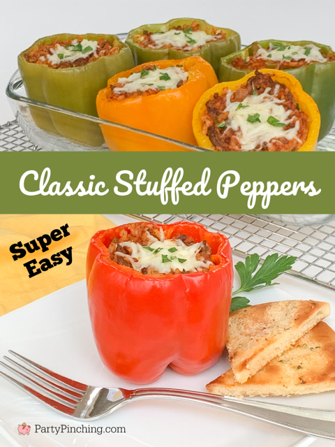 Super easy classic stuffed peppers, best stuffed peppers recipe, fall winter comfort food recipe for family, best kid family friendly recipe ideas, best weeknight recipes, potluck recipe ideas, sunday supper recipes, mom's home cooking recipe, old fashioned recipes, best retro recipes