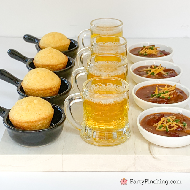 chili and cornbread appetizers, mini appetizers, mini beer mini cornbread muffins, mini chili, mini appetizer plates, chili charcuterie, snack board ideas, big game day food appetizer ideas easy, best poker game movie night food ideas, best game night food