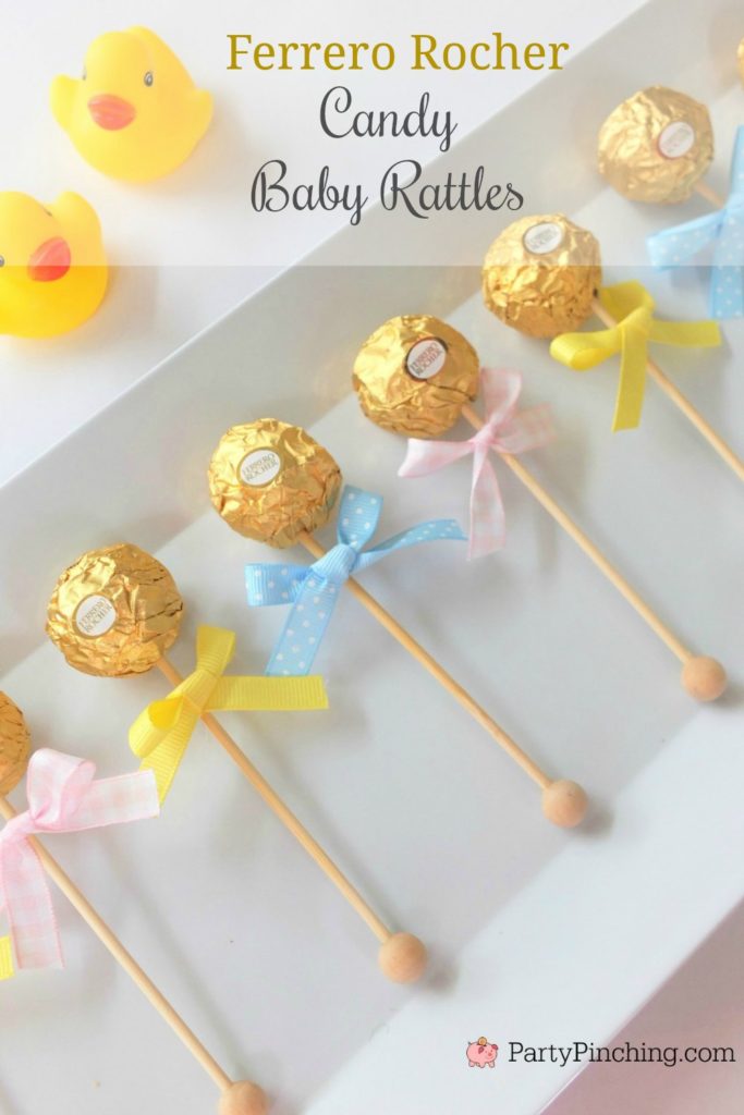Ferrero Rocher Candy Baby Rattles, easy baby shower favor gifts prizes,  baby shower ideas, cute baby shower, best baby shower ideas, baby shower cake, fun games for baby shower, baby shower food