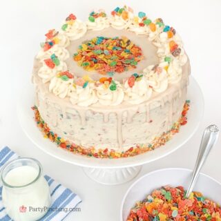 fruity pebbles cereal milk cakes, best easy cereal milk cake, best easy fruity pebbles cake, easy fruity pebbles cake using box mix, doctored box mix cake, best cereal milk cake recipe, best buttercream fruity pebbles frosting recipe, easy fruity pebbles cereal milk glaze frosting recipe