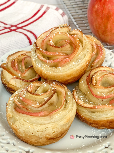 baked apple roses, apple rose puff pastry, easy apple tart, elegent easy dessert, easy thanksgiving dessert, easy dessert for company, easy apple pie, best easy apple rosette tart pie puff pastry recipe