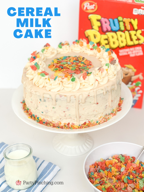 fruity pebbles cereal milk cakes, best  easy cereal milk cake, best easy fruity pebbles cake, easy fruity pebbles cake using box mix, doctored box mix cake, best cereal milk cake recipe, best buttercream fruity pebbles frosting recipe, easy fruity pebbles cereal milk glaze frosting recipe