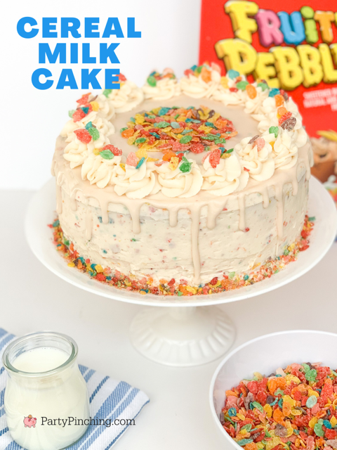 fruity pebbles cereal milk cakes, best  easy cereal milk cake, best easy fruity pebbles cake, easy fruity pebbles cake using box mix, doctored box mix cake, best cereal milk cake recipe, best buttercream fruity pebbles frosting recipe, easy fruity pebbles cereal milk glaze frosting recipe