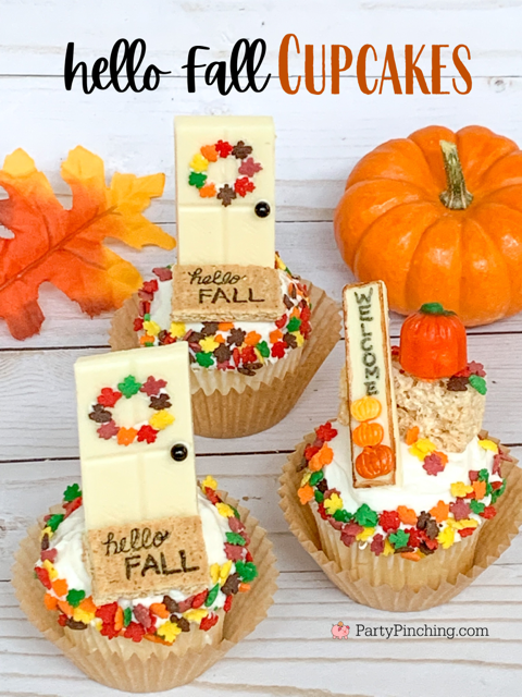 hello fall cupcakes, fall cupcakes, cute adorable door front porch fall farmhouse leaves doormat cupcakes, hello fall doormat, fall wreath, autumn cupcakes, best welcome sign, front door porch cupcakes, cutest thanksgiving cupcakes, best easy thanksgiving dessert recipe for kids