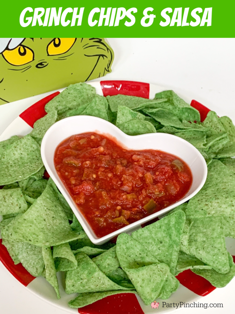 grinch chips and salsa, best grinch movie party food recipe ideas, easy best grinch food dessert snack movie party ideas recipes for kids, guacamole chips and salsa grinch, grinch movie, grinch max movie snacks party 
