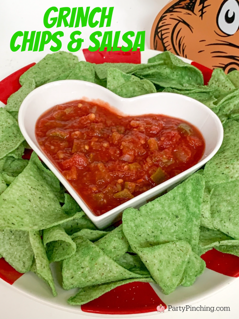 grinch chips and salsa, best grinch movie party food recipe ideas, easy best grinch food dessert snack movie party ideas recipes for kids, guacamole chips and salsa grinch, grinch movie, grinch max movie snacks party 