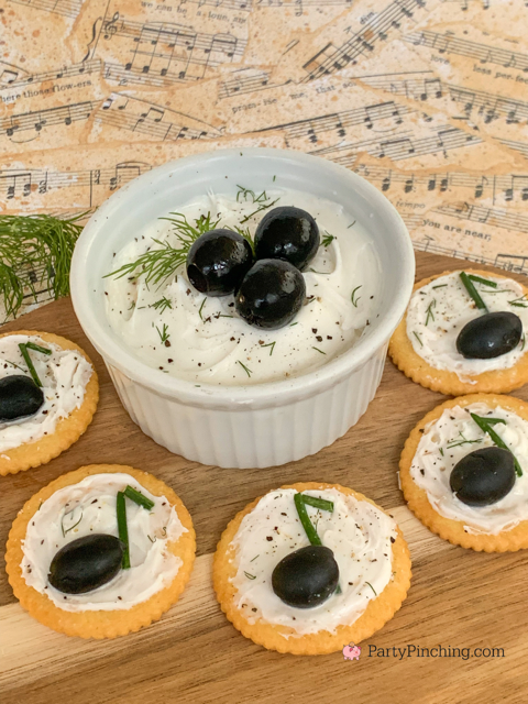music notes theme party food, music notes black olive dip, music notes chives olives crackers, black olive music notes party ideas