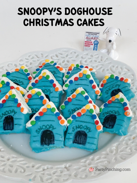 snoopy's doghouse christmas cakes, a charlie brown christmas movie theme party food, cute snoopy's blue doghouse christmas lights, sara lee frozen pound cake snoopy cake, snoopy, charlie brown, snoopy dessert cake, best easy snoopy charlie brown food dessert party ideas