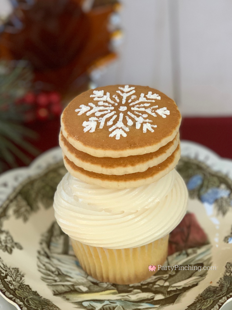 maple pancake cupcakes, best fall winter christmas cupcakes, breakfast cupcakes, mini pancake cupcakes, best easy maple cupcake frosting recipe, best maple cake recipe, pure maple syrup, best maple frosting icing recipe, best mini pancake cupcake recipe stencil snowflake cupcake, best holiday dessert ideas, best christmas holiday open house ideas