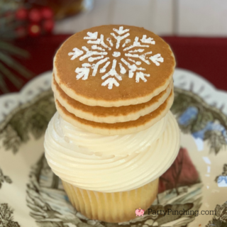 maple pancake cupcakes, best fall winter christmas cupcakes, breakfast cupcakes, mini pancake cupcakes, best easy maple cupcake frosting recipe, best maple cake recipe, pure maple syrup, best maple frosting icing recipe, best mini pancake cupcake recipe, stencil snowflake cupcake, best holiday dessert ideas, best christmas holiday open house ideas