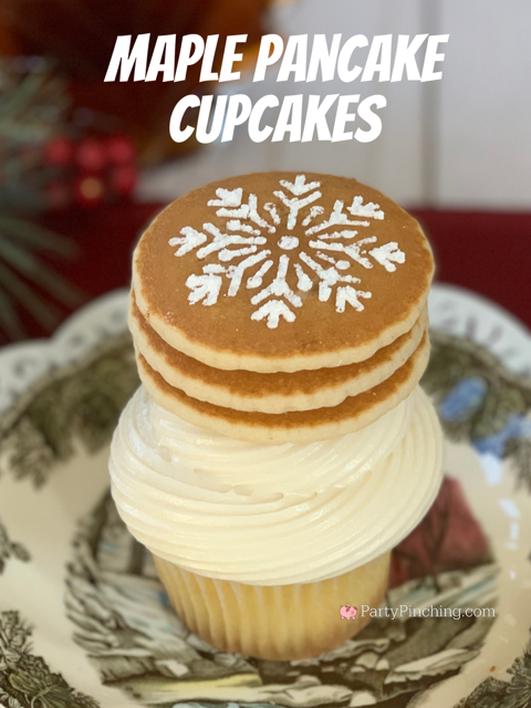 maple pancake cupcakes, best fall winter christmas cupcakes, breakfast cupcakes, mini pancake cupcakes, best easy maple cupcake frosting recipe, best maple cake recipe, pure maple syrup, best maple frosting icing recipe, best mini pancake cupcake recipe stencil snowflake cupcake, best holiday dessert ideas, best christmas holiday open house ideas