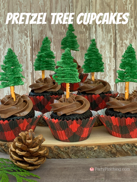 pretzel tree cupcakes, best easy pretzel trees, cute tree cupcake toppers, lumberjack cupcakes, best woodland cupcake party recipes ideas, christmas cupcakes, best christmas tree cupcakes, cute food for kids