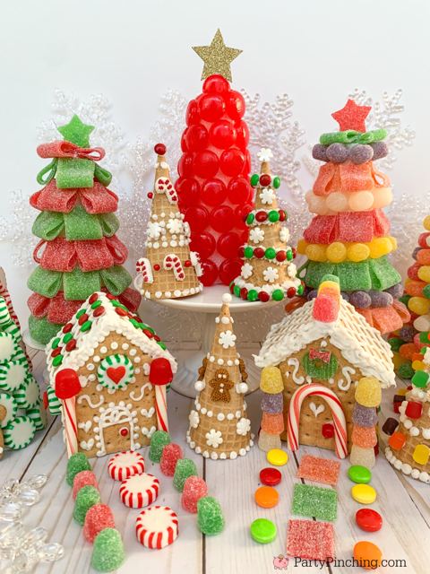 easy graham cracker gingerbread houses, mini diy graham cracker gingerbread houses, dollar tree gingerbread, candy christmas trees, best, easy candy Christmas trees craft idea, Dollar Tree Candy Christmas tree craft, easy Dollar Tree Christmas Craft, Dollar Tree Christmas decor ideas, Dollar Tree finds, Dollar Tree haul, Sour belt starlight mints gumdrop gum drop Christmas trees, sugar cone tree craft