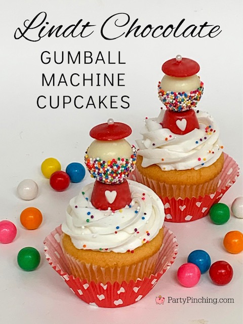 Lindt Chocolate Gumball Machine Cupcakes, Lindt White Chocolate, gumball cupcakes, cute cupcake ideas for Valentine's day, Valentine cupcake ideas, easy no bake Valentine dessert ideas, fun Valentine kid's party ideas, I chews you Valentine, gumball candy treats, rolo truffle candy gum machines, fun food for kids