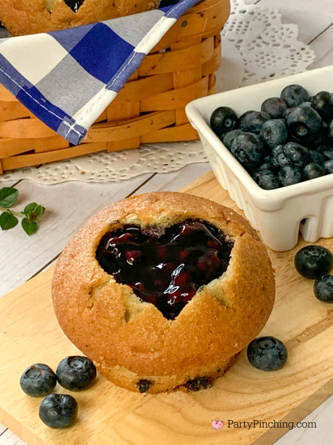 blueberry pie muffins, easy blueberry pie filling muffins, best muffin recipe for breakfast or dessert, canned pie filling muffins, best easy blueberry muffin recipe, best easy blueberry pie recipe, valentine's day breakfast, heart shaped muffins, cute muffin recipe, filled muffins, blueberry filled muffins recipe, heart muffins, best easy breakfast muffin recipe