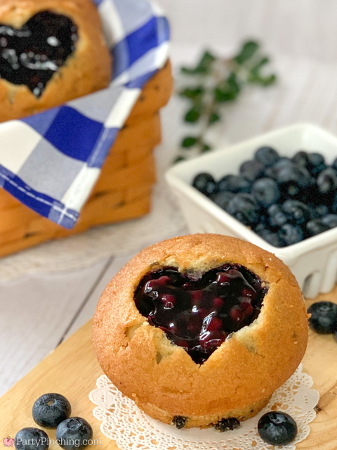 blueberry pie muffins, easy blueberry pie filling muffins, best muffin recipe for breakfast or dessert, canned pie filling muffins, best easy blueberry muffin recipe, best easy blueberry pie recipe, valentine's day breakfast, heart shaped muffins, cute muffin recipe, filled muffins, blueberry filled muffins recipe, heart muffins, best easy breakfast muffin recipe