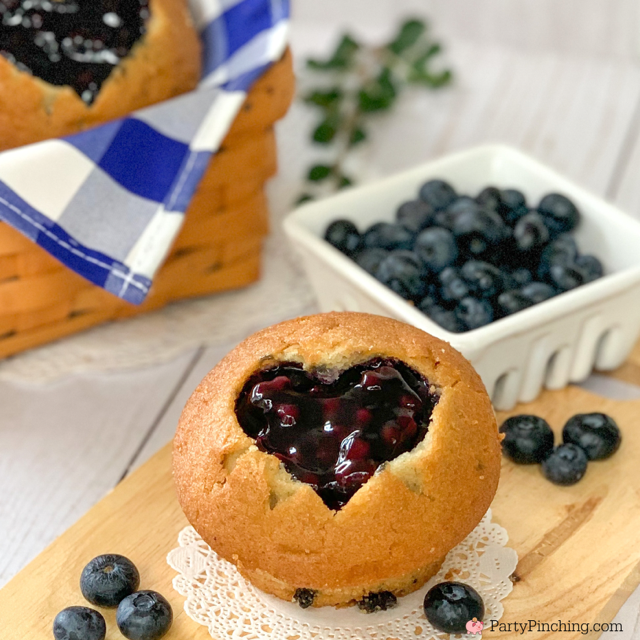 blueberry pie muffins, easy blueberry pie filling muffins, best muffin recipe for breakfast or dessert, canned pie filling muffins, best easy blueberry muffin recipe, best easy blueberry pie recipe, valentine's day breakfast, heart shaped muffins, cute muffin recipe, filled muffins, blueberry filled muffins recipe, heart muffins, best easy breakfast muffin recipe