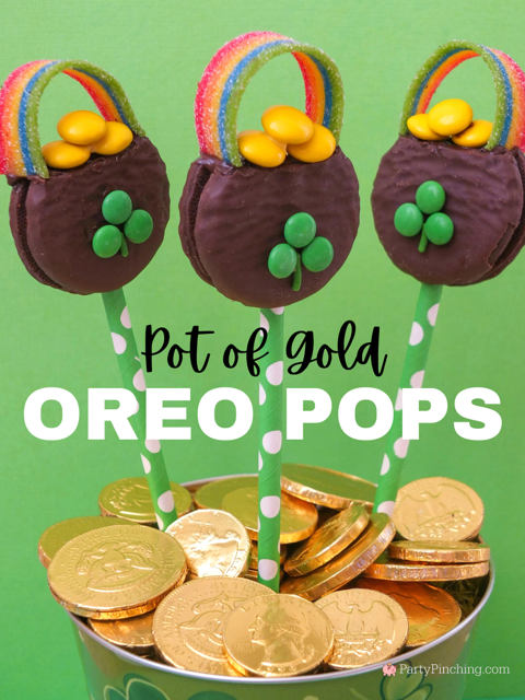 Pot of Gold Oreo Pops, oreo pops, st patrick's day cookie, easy st. Patrick's day treat dessert ideas for kids green food for St. Patrick's Day, cute pot of gold cookies, shamrock rainbow cookie Oreos, best recipes for St. Patrick's Day