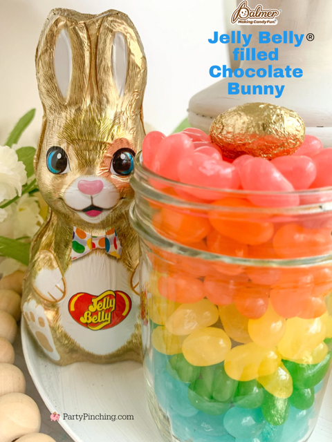 Jelly Belly chocolate bunny, RM Palmer hollow chocolate bunny filled with Jelly Belly jelly beans, cute DIY Easter tiered tray, best easy inexpensive cheap DIY Easter decor ideas, dollar tree tiered tray, easy Easter Basket cupcakes