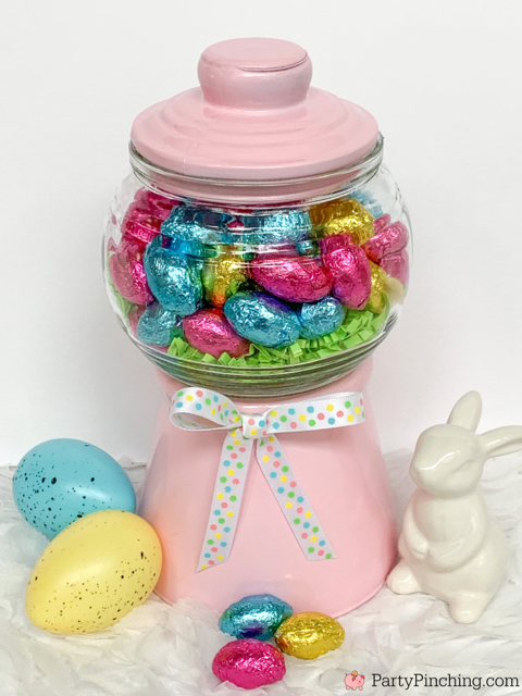 DIY Easter Gumball Machines Dollar Tree craft, RM Palmer Easter candy, Easy Easter basket ideas, Fun and easy Easter craft, RM Palmer foil milk chocolate Easter candy eggs carrots, best Dollar Tree craft ideas for Easter