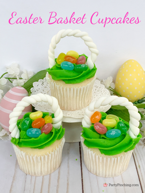 Easter basket Cupcakes, best easy Easter Basket Cupcakes, Jelly Belly Easter basket cupcakes with fondant handle, white Easter basket cupcakes, best easy Easter cupcake recipe