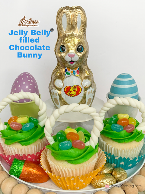 Jelly Belly chocolate bunny, RM Palmer hollow chocolate bunny filled with Jelly Belly jelly beans, cute DIY Easter tiered tray, best easy inexpensive cheap DIY Easter decor ideas, dollar tree tiered tray, easy Easter Basket cupcakes