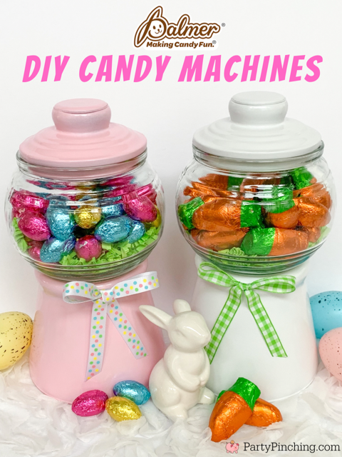 DIY Easter Gumball Machines Dollar Tree craft, RM Palmer Easter candy, Easy Easter basket ideas, Fun and easy Easter craft, RM Palmer foil milk chocolate Easter candy eggs carrots, best Dollar Tree craft ideas for Easter