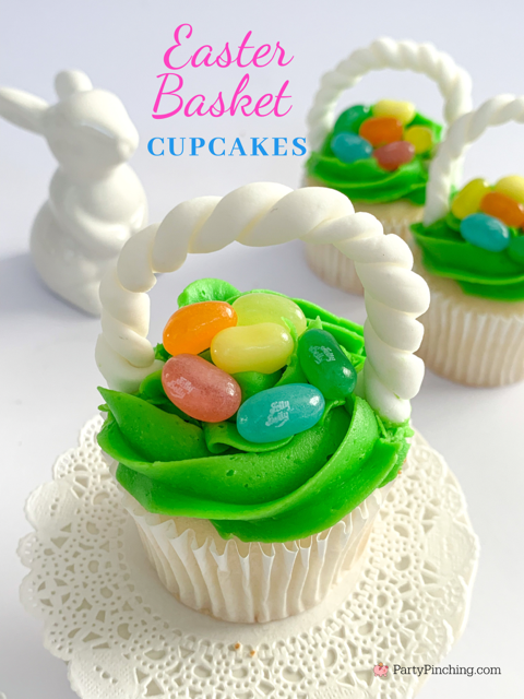 Easter basket Cupcakes, best easy Easter Basket Cupcakes, Jelly Belly Easter basket cupcakes with fondant handle, white Easter basket cupcakes, best easy Easter cupcake recipe