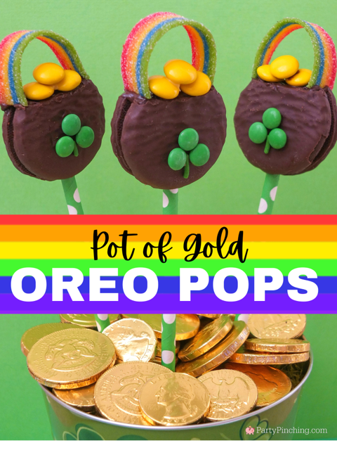Pot of Gold Oreo Pops, oreo pops, st patrick's day cookie, easy st. Patrick's day treat dessert ideas for kids green food for St. Patrick's Day, cute pot of gold cookies, shamrock rainbow cookie Oreos, best recipes for St. Patrick's Day