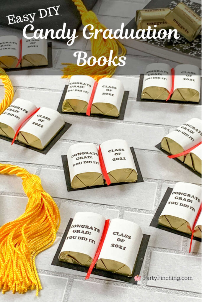 candy graduation books, Hershey Nugget, step by step craft graduation tutorial, graduation favor ideas, best graduation party ideas, best graduation open house food dessert decor ideas