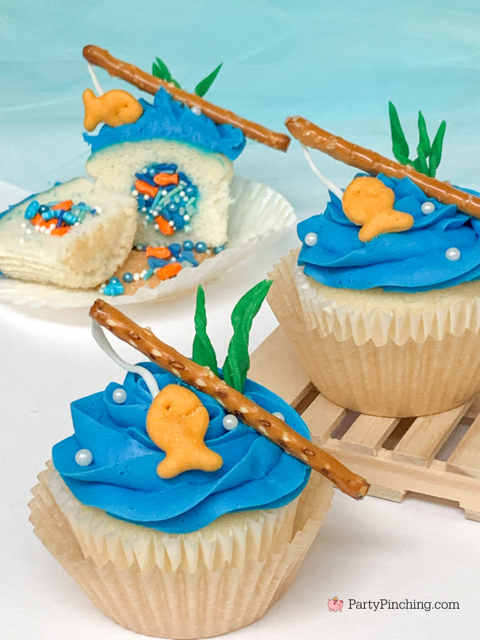 gone fishing cupcakes, best easy Father's Day fishing surprise inside cake