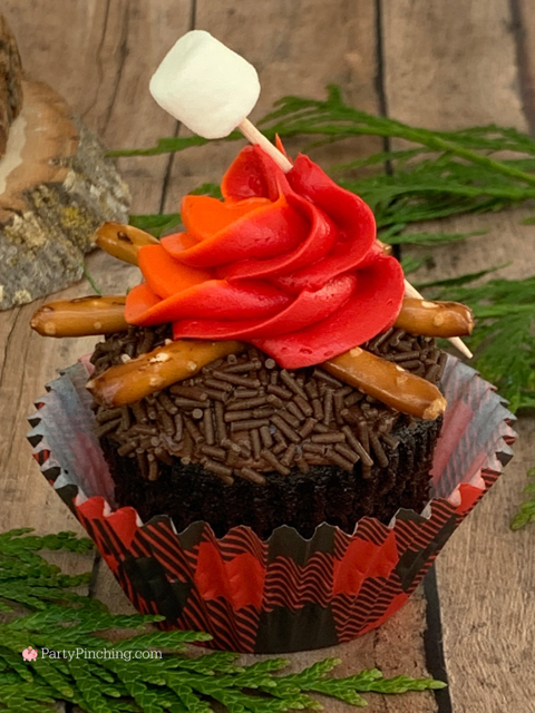 campfire cupcakes, easy best campfire cupcakes, chocolate campfire cupcakes with chocolate jimmies marshmallow red orange frosting, campfire cupcakes with buffalo check cupcake liners, best camping cupcake recipe ideas, best camping party girl scouts boy scouts campfire girl party ideas, best sleepover glamping party dessert recipe ideas