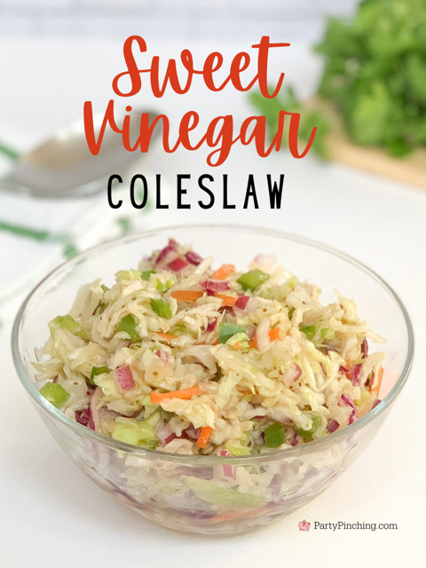 sweet vinegar coleslaw, best ever coleslaw, no mayo coleslaw, best award winning coleslaw, grandma's overnight coleslaw, best picnic coleslaw, best easy coleslaw recipe, best coleslaw for bbq pork sandwiches, tri color coleslaw