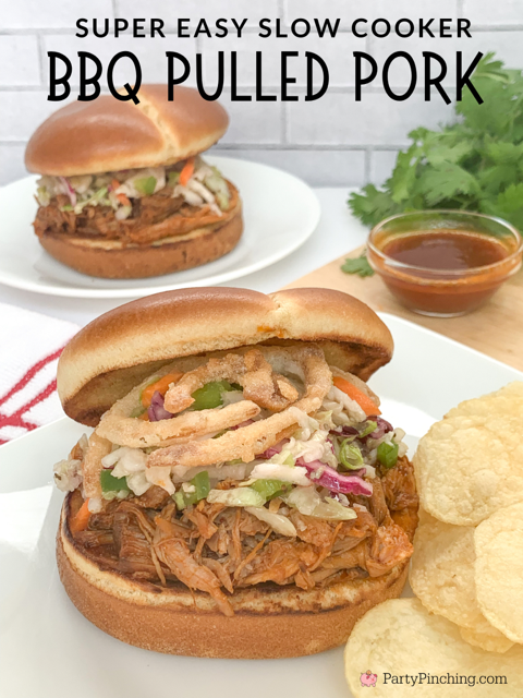 best Slow cooker BBQ pulled pork, easy best crock pot BBQ pulled pork, best pulled pork sandwich with sweet vinegar coleslaw and onion strings homemade