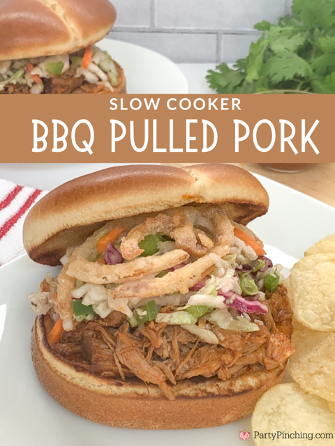 best Slow cooker BBQ pulled pork, easy best crock pot BBQ pulled pork, best pulled pork sandwich with sweet vinegar coleslaw and onion strings homemade