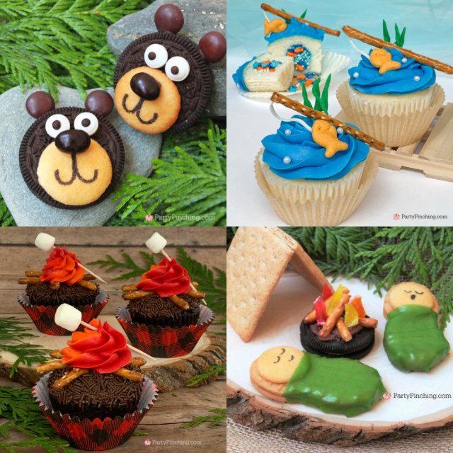 camping dessert ideas, best camping theme cupcake cookies desserts, best camping easy activities for kids, bear oreo cookies, gone fishing cupcakes, campfire smores cupcakes, nutter butter camper cookies