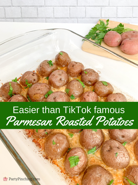 easy parmesan roasted potatoes, easier than tiktok parmesan baked potatoes, TikTok famous parmesan potatoes, super easy side dish ideas, best side dishes for chicken and pork, dinner on a budget ideas, best easy dinner ideas