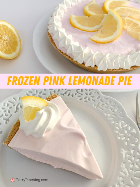 easy frozen pink lemonade pie, 4 ingredient frozen lemonade pie, best easy lemon pie, frozen pink lemonade dessert pie, best summer dessert ideas recipes, best recipes for picnics potluck church, best ever lemonade pie, easy pink lemonade pie