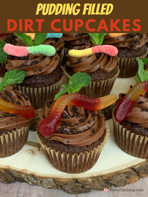 Pudding filled dirt cupcakes, dirt cup cupcakes, oreo pudding gummy worm