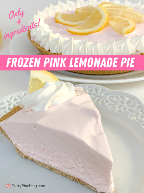 easy frozen pink lemonade pie, 4 ingredient frozen lemonade pie, best easy lemon pie, frozen pink lemonade dessert pie, best summer dessert ideas recipes, best recipes for picnics potluck church, best ever lemonade pie, easy pink lemonade pie