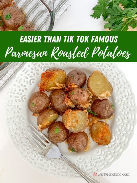 easy parmesan roasted potatoes, easier than tiktok parmesan baked potatoes, TikTok famous parmesan potatoes, super easy side dish ideas, best side dishes for chicken and pork, dinner on a budget ideas, best easy dinner ideas