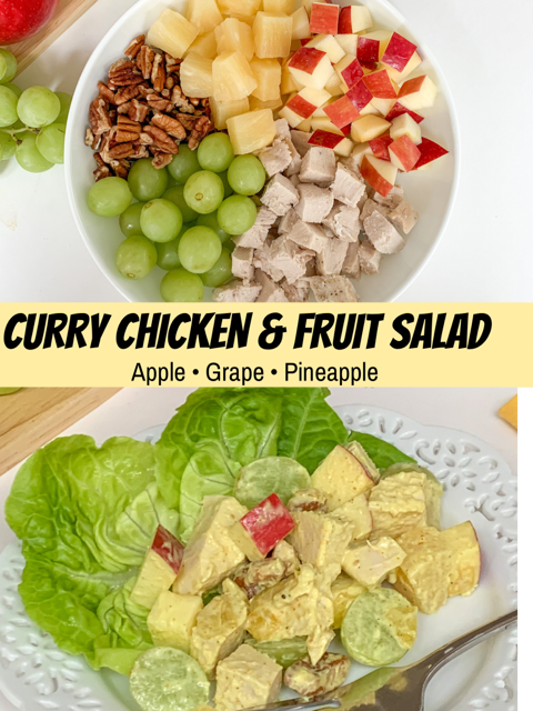 curry chicken and fruit salad, the best curry chicken recipe, the best curry chicken salad recipe, best easy curry chicken, best easy chicken salad recipe, tropical curry chicken salad, pineapple apple grape pecan chicken curry salad