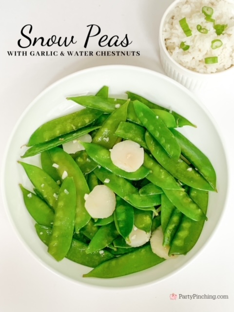 snow peas with garlic and waterchestnuts, easy Chinese food side dishes, snow peas side dish, better than takeout Chinese food, easy peas garlic side dish, best side dish recipes