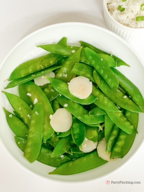 snow peas with garlic and waterchestnuts, easy Chinese food side dishes, snow peas side dish, better than takeout Chinese food, easy peas garlic side dish, best side dish recipes