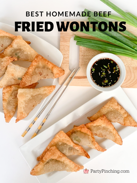 best easy beef fried wonton recipe, best easy wonton appetizers, best appetizer ideas, easy step by step how to make homemade beef wontons from scratch