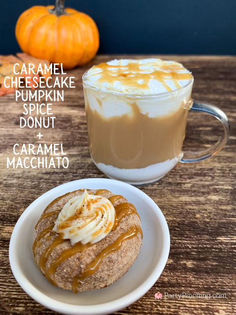 pumpkin spice donuts and coffee pairing flight, caramel cheesecake pumpkin spice mini donut and caramel macchiato recipe