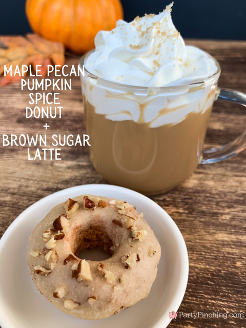 pumpkin spice donuts and coffee pairing flight, maple pecan pumpkin spice donut and brown sugar latte recipe
